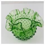 Fenton Green Hobnail Ruffled Glass Vase - Vintage Collectible