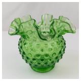 Fenton Green Hobnail Ruffled Glass Vase - Vintage Collectible