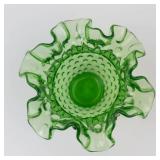 Fenton Green Hobnail Ruffled Glass Vase - Vintage Collectible