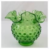 Fenton Green Hobnail Ruffled Glass Vase - Vintage Collectible