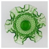 Fenton Green Hobnail Ruffled Glass Vase - Vintage Collectible