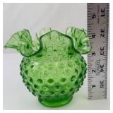 Fenton Green Hobnail Ruffled Glass Vase - Vintage Collectible