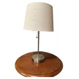 1990s Ethan Allen Country Crossings Traditional Farmhouse Solid Maple Candle Stand Side Table (17-8415 Cinnamon) with 360 Lighting Flesner Brushed Nickel Table Lamp