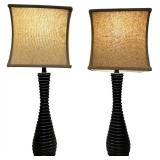 Black Ribbed Table Lamps with Beige Lamp Shades, Qty 2