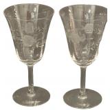 Vintage Etched Floral Wine Glasses - Medium - Qty 2 | 6 5/8" tall, 3.5"D