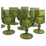 Kings Crown Thumbprint Green Glass Goblets - Qty 8 | 5 3/4" Tall, 2 3/4" D | TRAY A