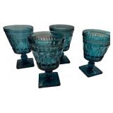 Vintage Indiana Glass Park Lane Blue Pressed Glass Pedestal Wine Goblets - Qty 4 | 5 3/8" Tall, 3 3/8" D | TRAY C