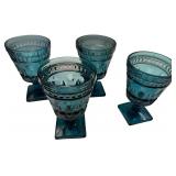 Vintage Indiana Glass Park Lane Blue Pressed Glass Pedestal Wine Goblets - Qty 4 | 5 3/8" Tall, 3 3/8" D | TRAY C