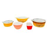 Vintage Pyrex Butterfly Gold and Other Patterned Casserole Dishes and Mixing Bowls - Qty 5 (3 with Lids)