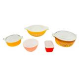 Vintage Pyrex Butterfly Gold and Other Patterned Casserole Dishes and Mixing Bowls - Qty 5 (3 with Lids)