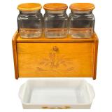 Vintage Wooden Bread Box featuring a Wheat Carving on the Front with Three Square Glass Canisters | Fire-King Golden Wheat Pattern Milk Glass Baking Dish Bundle