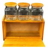 Vintage Wooden Bread Box featuring a Wheat Carving on the Front with Three Square Glass Canisters | Fire-King Golden Wheat Pattern Milk Glass Baking Dish Bundle