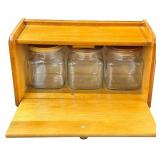 Vintage Wooden Bread Box featuring a Wheat Carving on the Front with Three Square Glass Canisters | Fire-King Golden Wheat Pattern Milk Glass Baking Dish Bundle