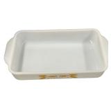 Vintage Wooden Bread Box featuring a Wheat Carving on the Front with Three Square Glass Canisters | Fire-King Golden Wheat Pattern Milk Glass Baking Dish Bundle