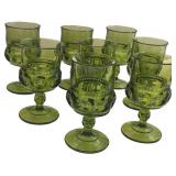 Kings Crown Thumbprint Green Glass Goblets - Qty 8 | 5 3/4" Tall, 2 3/4" D | TRAY A