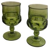 Kings Crown Thumbprint Green Glass Goblets - Qty 8 | 5 3/4" Tall, 2 3/4" D | TRAY A