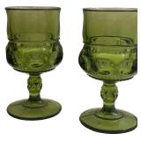 Kings Crown Thumbprint Green Glass Goblets - Qty 8 | 5 3/4" Tall, 2 3/4" D | TRAY A