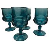 Teal Blue Kings Crown Thumbprint Water Goblets - Qty 4 | " Tall, " D | TRAY F