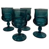 Teal Blue Kings Crown Thumbprint Water Goblets - Qty 4 | " Tall, " D | TRAY F