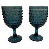 Teal Blue Hobnail Glass Goblets RARE- Qty 2 | 6 1/2" Tall, 3 3/8" D | TRAY D