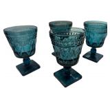 Colony Park Lane Teal Blue Glass Water Goblets- Qty 5 | 5 1/2" Tall, 3 1/2" D | TRAY B
