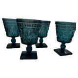 Colony Park Lane Teal Blue Glass Water Goblets- Qty 5 | 5 1/2" Tall, 3 1/2" D | TRAY B
