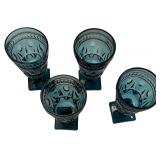 Colony Park Lane Teal Blue Glass Water Goblets- Qty 5 | 5 1/2" Tall, 3 1/2" D | TRAY B