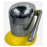 JUICER: Vintage Rival Juice-O-Mat Manual Citrus Juicer featuring a Chrome Top and a Yellow Base