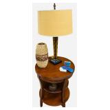 Solid Oak End Table with Yellow Tall Lamp and Home Decor Bundle