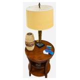 Solid Oak End Table with Yellow Tall Lamp and Home Decor Bundle