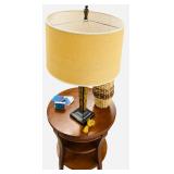 Solid Oak End Table with Yellow Tall Lamp and Home Decor Bundle