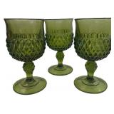 Diamond Point Olive Green Water Goblets- Qty 3 | 6 1/2" Tall, 3 3/8" D | TRAY A