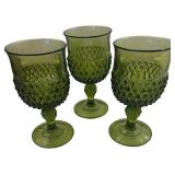 Diamond Point Olive Green Water Goblets- Qty 3 | 6 1/2" Tall, 3 3/8" D | TRAY A