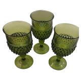 Diamond Point Olive Green Water Goblets- Qty 3 | 6 1/2" Tall, 3 3/8" D | TRAY A