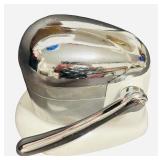 JUICER: Vintage Rival Juice-O-Mat Manual Juicer 1940s-1950s featuring a White Enamel Base and a Chrome Tilt-Top (A)
