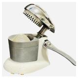 JUICER: Vintage Rival Juice-O-Mat Manual Juicer 1940s-1950s featuring a White Enamel Base and a Chrome Tilt-Top (A)