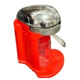 JUICER: Vintage Rival Juice-O-Mat Manual Citrus Juicer featuring a Red Base and Chrome Top (G)
