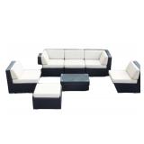 7-Piece Outdoor Furniture Set, Beige/Black Wicker | BRAND NEW IN BOX | 3 Seat Sofa, 2 Chairs, Table and Ottoman
