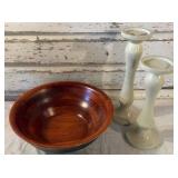Nice Wood Bowl and Pair of Wooden Candle Holders