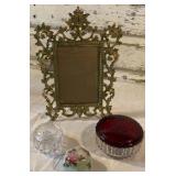 1940s Ruby Powder Dish, Trinket Containers and Brass Photo Frame