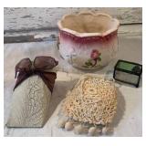 Elegant Planter, Metal Wall Pocket, Victorian Crochet Reticule. Glass Trinket Box