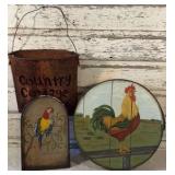Hand Painted Rooster Cheese Box, Country Cottage Wall Pocket, Painted Parrot Decor
