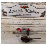 Metal Scratch Kitchen Sign, Vintage Syrup bottle and Nut Chopper, Mini Thermos, National Pan