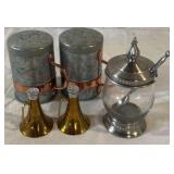Metal and Brass Salt and Pepper Shakers, Pewter Sugar Bowl