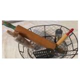 Metal Basket with Rolling Pins, Vintage Spatula, Rival Bottle Opener