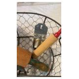 Metal Basket with Rolling Pins, Vintage Spatula, Rival Bottle Opener