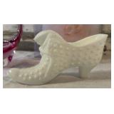 Swedish Glass Basket, Fenton Hobnail Shoe, Flower Pin