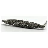 Filigree Brooch Pin - 2.5 in L x 0.5 in W, Clear Stones