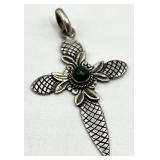 925 Sterling Silver Mexican Cross Pendant 2 x 1.5 in with Green Cabochon