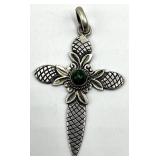 925 Sterling Silver Mexican Cross Pendant 2 x 1.5 in with Green Cabochon